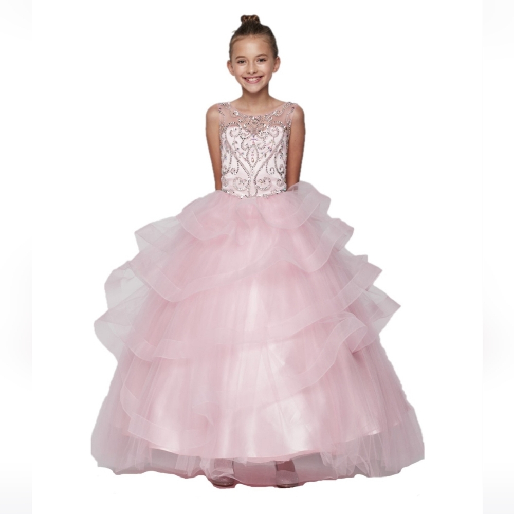 Scoop neckline with a jewel beaded, rhinestone and sequin bodice Gown